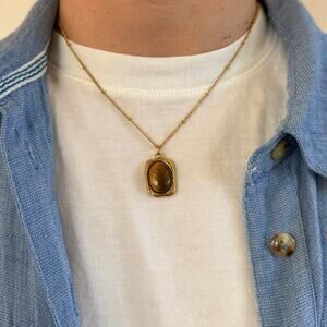 Y2K Gold Dark Brown Opal Pendant Necklace Unisex Simple Chain New